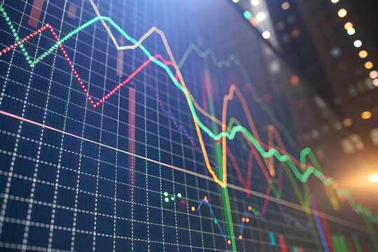 Cryptocurrency Trading, A vibrant, digital graph displaying fluctuating financial data trends with colorful lines against a grid background.