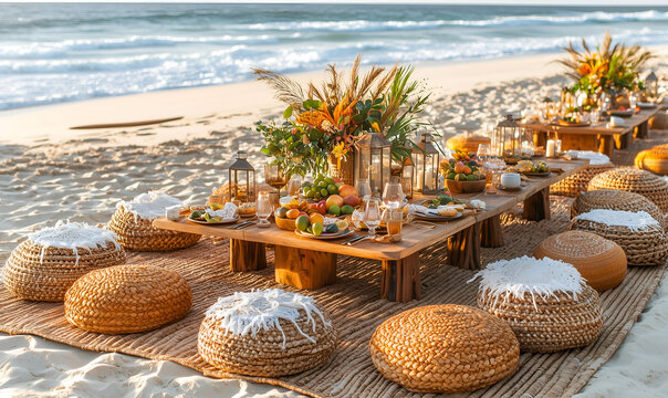 A beautiful beach dining setup with a wooden table, woven seating, and vibrant floral arrangements, perfect for a seaside gathering.