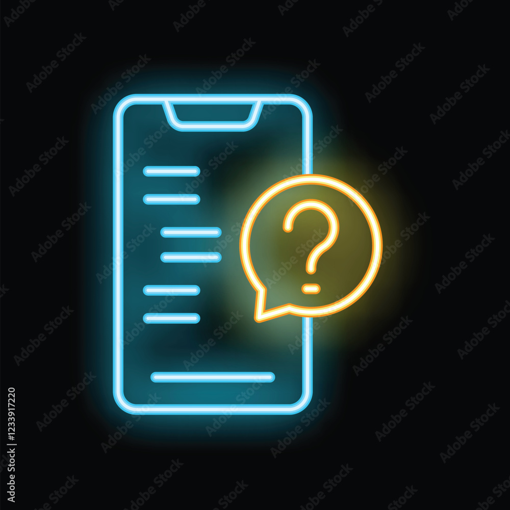 Poster neon icon of smartphone displaying faq list with question mark symbol inside speech bubble