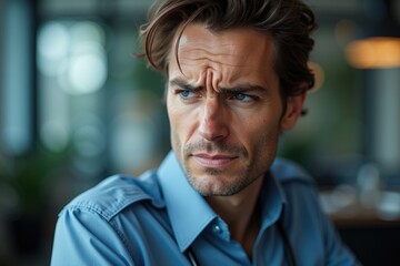 Obraz premium Pensive Man in a Casual Setting: A Close-Up Portrait of a Thoughtful Individual with Striking Features, Captured in a Contemporary Environment.