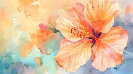 A vibrant watercolor illustration of a hibiscus flower with soft, colorful background.