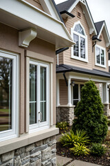 Obraz premium Modern House Exterior: Elegant Stone and Brick Facade Design. New Construction Home with Classic Style and Luxury Features. Real Estate and Home Improvement