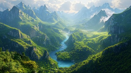 Obraz premium Majestic Mountain River Valley Scenic Landscape