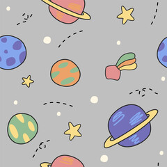 Cute vector space themed cartoon doodled on dark blue background with colorful planets