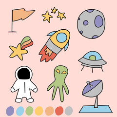 Cute vector space themed cartoon doodled on pink background with colorful star, planet, meteor, alien, astronaut, satellite, UFO, spacecraft, flag