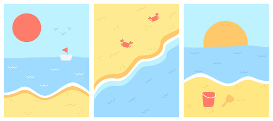 Cute colorful rectangle landscape set in summer and sea theme with beach and sun view