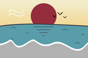 Simple illustration of sunset sky at the sea landscape with birds, red sun, waves and beach in vintage color tone