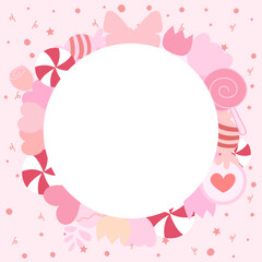 Set of cute pink tones items in sweet and love theme as frame around white circle copy space