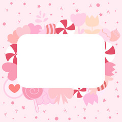 Set of cute pink tones items in sweet and love theme as frame around white rectangle copy space for valentine's day