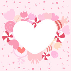 Set of cute pink tones items in sweet and love theme as frame around white heart copy space