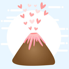 Cute vector illustration of erupting volcano with pink toned hearts erupted from the crater and pink lava