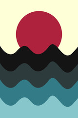 Simple illustration of sunset sky at the sea landscape with red sun, wavy ocean in vintage color tone