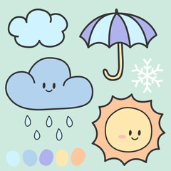 Cute vector weather themed cartoon drawn on pastel green background. Illustration of sun, raindrops, cloud, snowflake, and umbrella with pastel color palette
