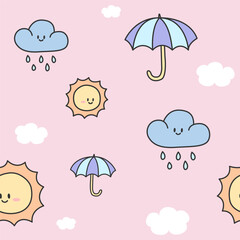 Cute vector seamless pattern of pastel weather themed cartoon with cloud, raindrop, umbrella, and sun on pink background