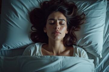 Fototapeta premium A Serene Woman Sleeping Peacefully in Bed, Embracing the Calmness of Night, Her Relaxed Features Reflecting a Moment of Tranquility