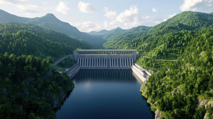 Fototapeta premium Hydropower station surrounded by lush green mountains and water
