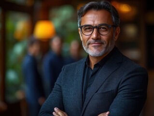 A confident man in a suit smiles with crossed arms in a stylish, blurred background.