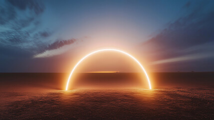 Illuminated light arch in a serene desert landscape at dusk