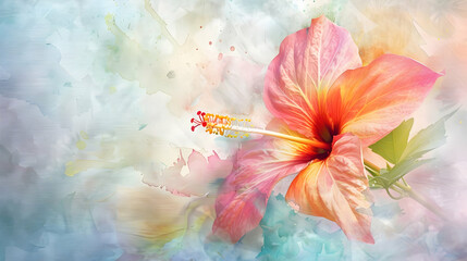 A vibrant hibiscus flower against a colorful, abstract background.