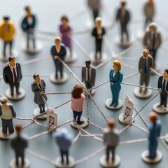 Career development thrives through professional networking, mentorship, and strategic growth. Miniature figures connected in a network formation.