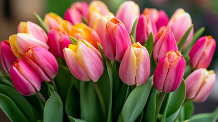 International Women's day - 8th of March. Block calendar and bouquet of beautiful tulips on white wooden table, closeup