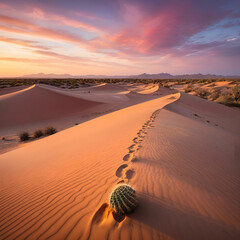 A vast, empty desert with a single dune, bathed in soft golden light during sunset, emphasizing its smooth curves