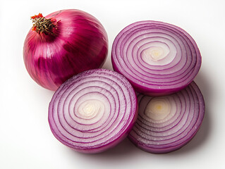 Macro studio shot of floating red onion rings exhibiting crisp details and perfect lighting.