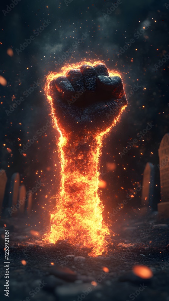 Poster ultrarealistic 3d rendering of a raised fist emerging from the ground surrounded by dynamic flames s