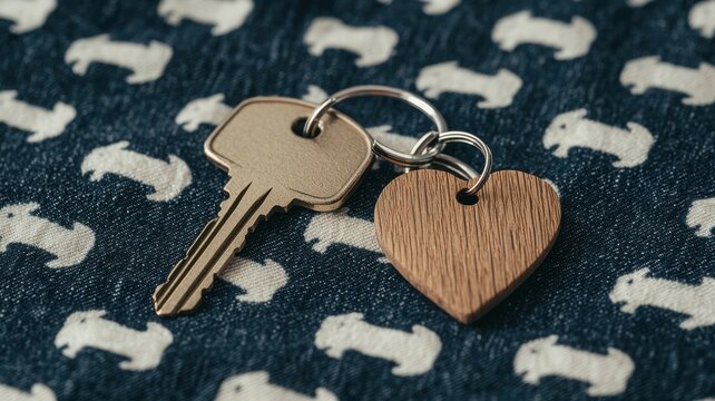 A key and a wooden heart charm are displayed together against a patterned fabric background featuring small dog illustrations.
