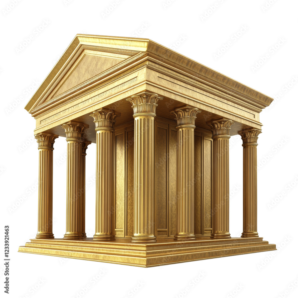Poster a three dimensional digital rendering of a golden greek style temple isolated on a black background.