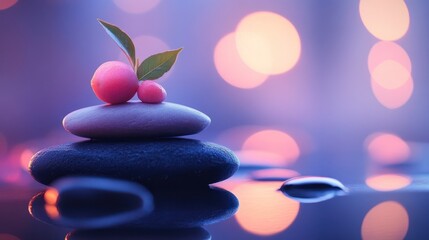 Serene spa stones, berries, leaf, reflection, bokeh lights, wellness