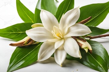 Obraz premium vanilla flower with pods and leaves isolated on transparent background