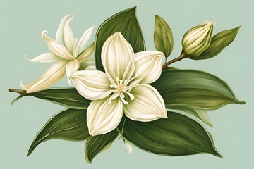 vanilla flower with pods and leaves isolated on transparent background