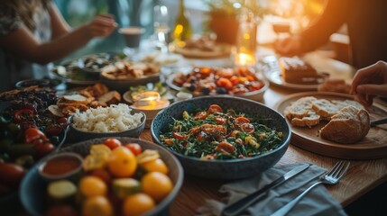 Obraz premium Delicious Food Family Dinner Table Setting Home Cooked Meal Healthy Eating Fresh Ingredients Group