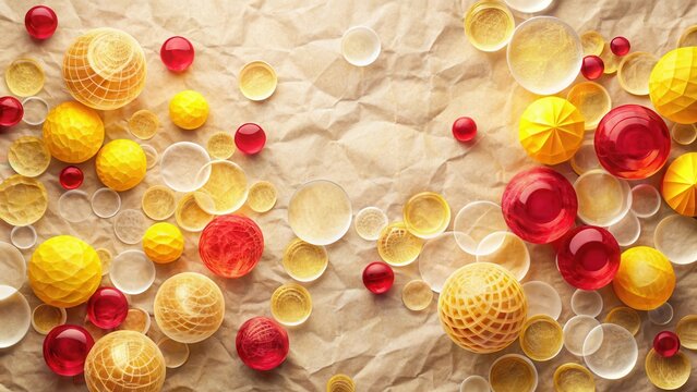 Collage de bulles en papier kraft jaunes et rouges entrelac?es dans un fond blanc et l?ger avec des points de lumi?re douces et a?riennes, collage, paper craft