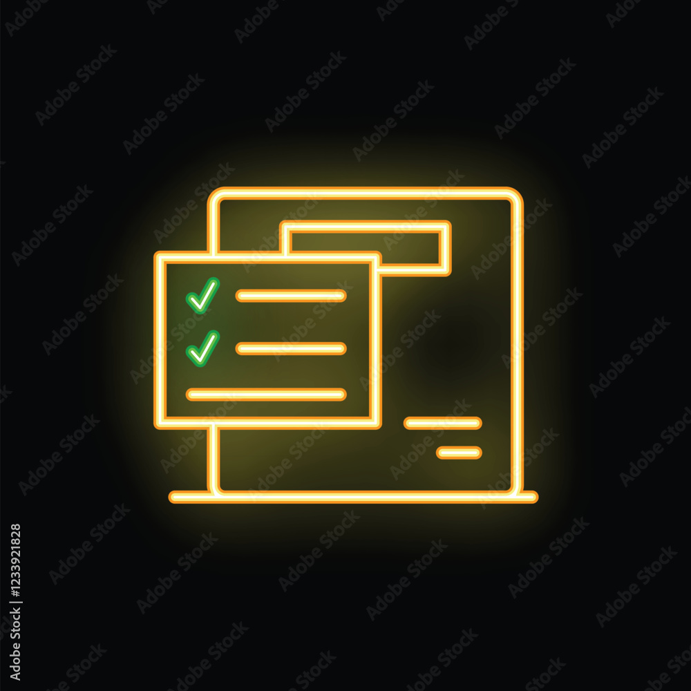 Poster neon sign of a checklist being completed on a computer screen, symbolizing task management and produ