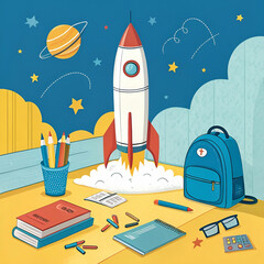 Back-to-school background with a rocket ship.