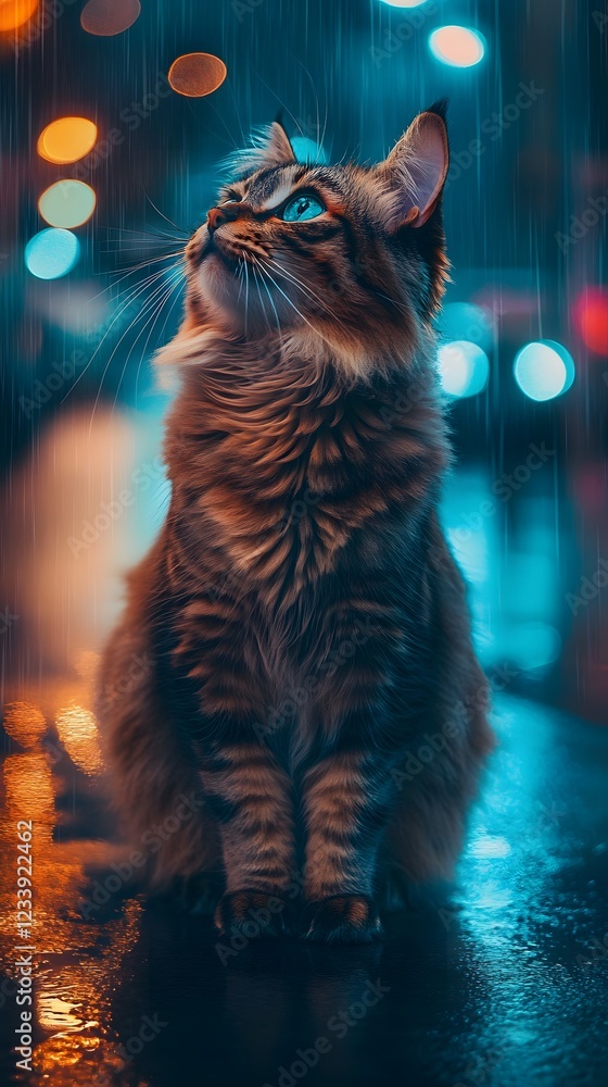 Aufkleber ultrarealistic image of a cat adorned with red markings perched on a wet reflective ground its blue 