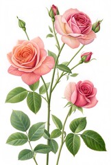 bouquet pink roses watercolor painting effect hand drawn white clean background