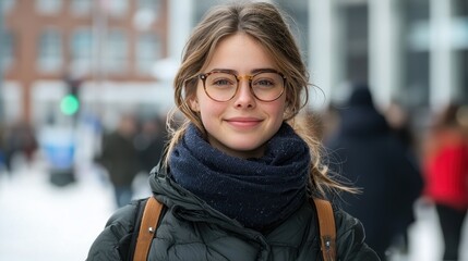 Obraz premium A young woman smiles warmly in a snowy urban environment, wearing glasses and a scarf.