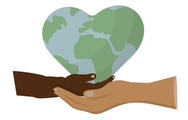 Child Hand and Adult hand Supporting Heart-Shaped Earth Globe isolated on transparent background. hands of different skin tones. Global cooperation and environmental stewardship. Vector illustration.