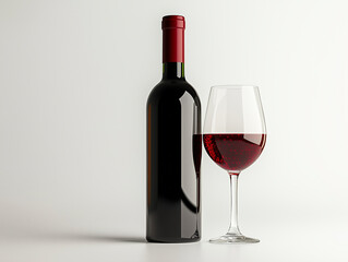 High-quality studio shot of a premium red wine bottle and glass isolated on a pure white background.