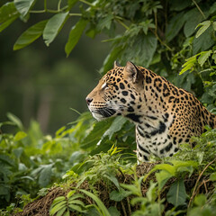 Naklejka premium Beautiful and endangered American jaguar in the natural habitat