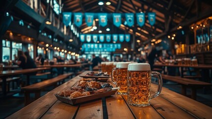 Two Steins of Beer with Snacks on Wooden Table in Festive Biergarten Setting