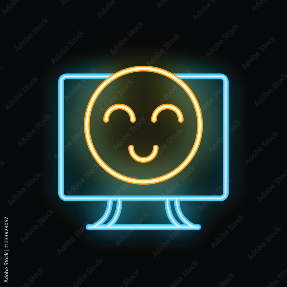 Poster glowing neon desktop computer showing a smiling face on its screen
