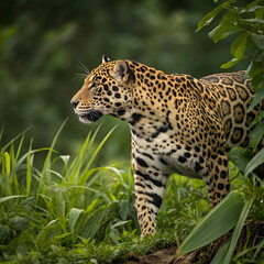 Fototapeta premium Beautiful and endangered American jaguar in the natural habitat