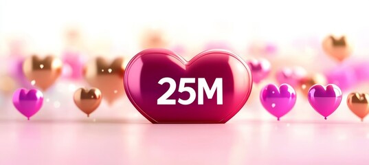 25M Celebration. 3D Illustration of 25 Million Text on a Heart Shape with a Romantic Background