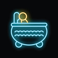 Glowing neon sign representing a person taking a bath in a bathtub, on a dark background