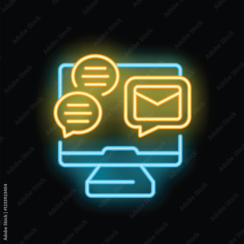 Poster neon sign of a computer displaying email and chat bubbles, representing online communication and dig