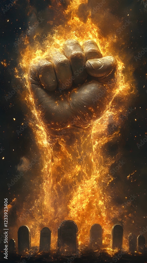 Aufkleber ultrarealistic image of a fist thrusting upward from the ground fiery flames in the background set a